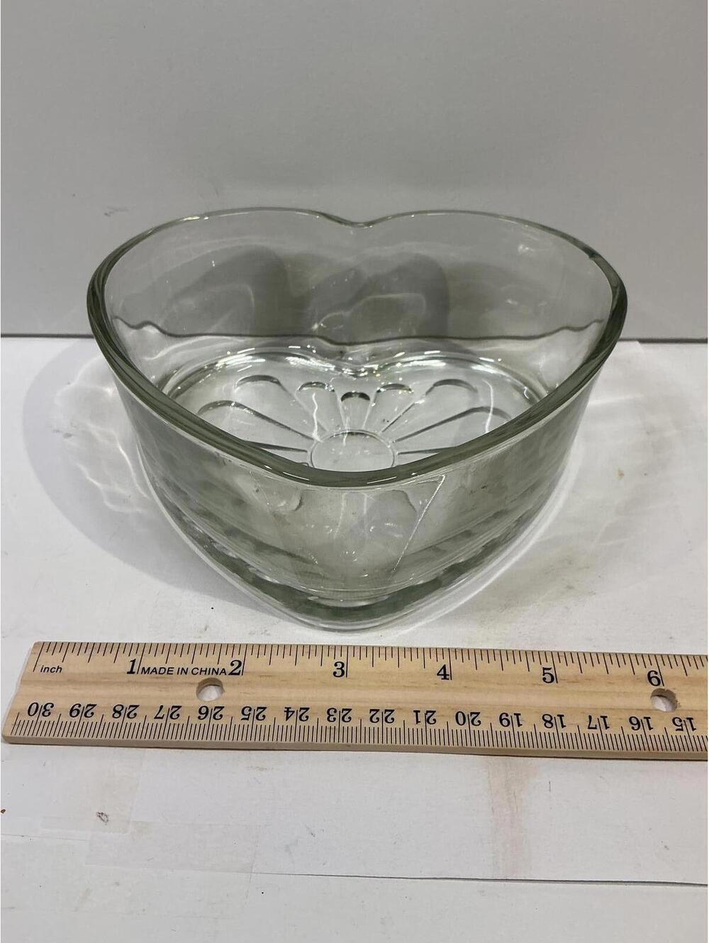 Vintage Heart Shaped Glass Bowl Candy Dish Pressed Glass Sunburst Pattern